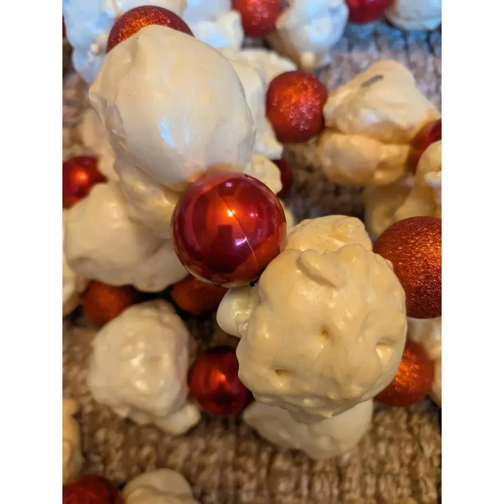 Giant Styrofoam Popcorn Buttered Plastic Christmas Tree Garland Red Bulbs 142